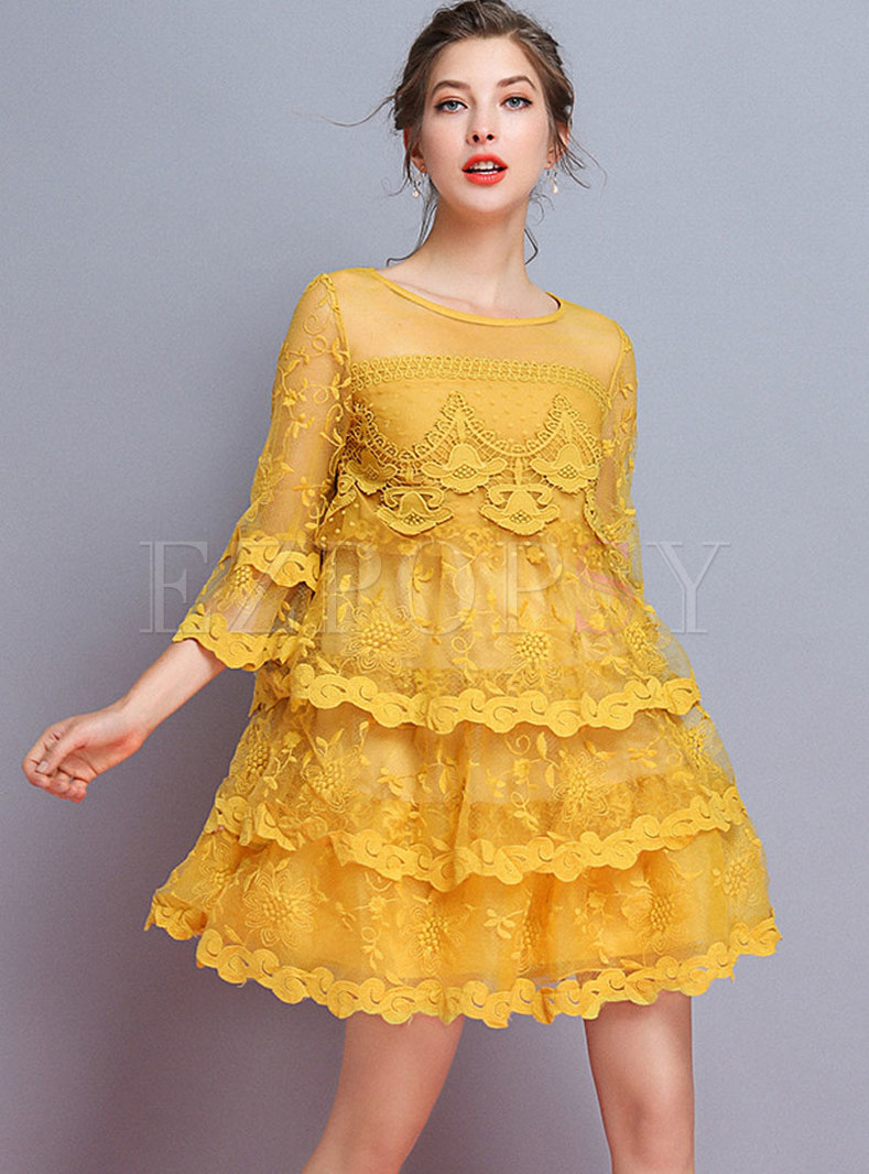 Polka Dot Embroidered Splicing Flare Sleeve Dress