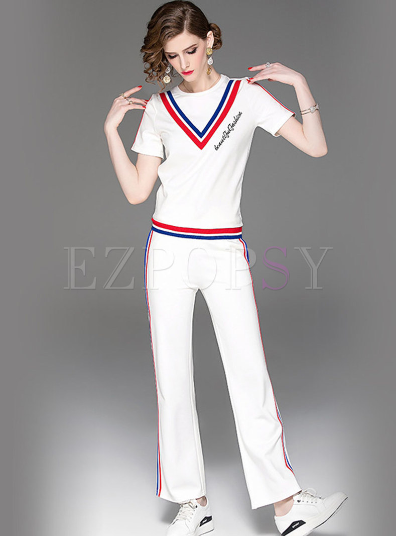 Casual Color-blocked O-neck Slim Top & Straight Pants
