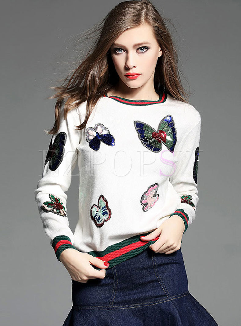 Crew Neck Butterfly Sequin Pullover Sweater