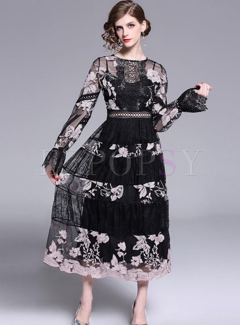 Dresses | Maxi Dresses | Black Long Sleeve Embroidered Maxi Dress