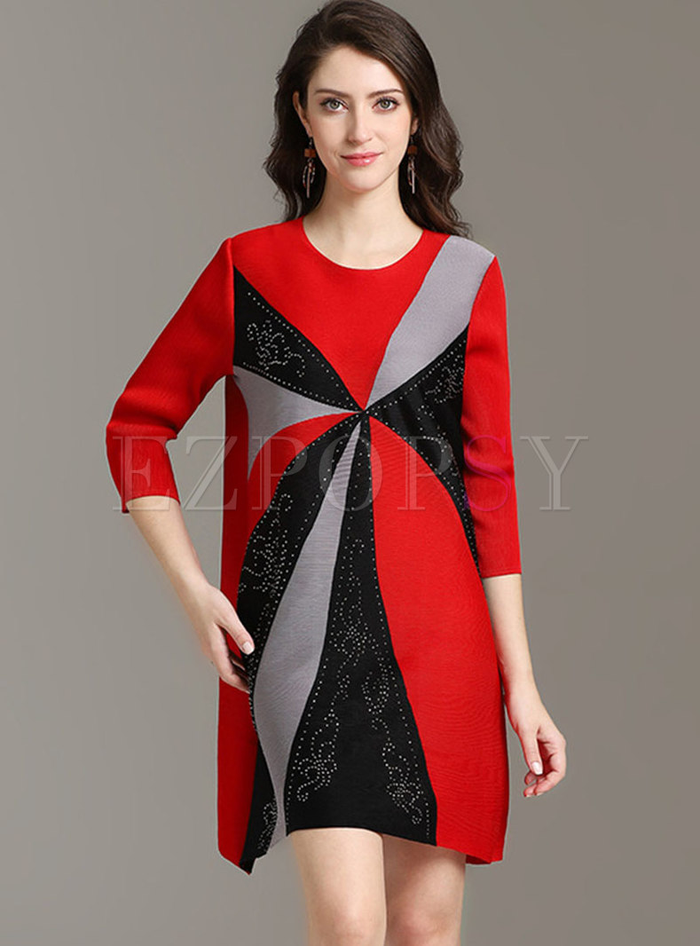 Color-blocked Drilling O-neck Pleated Shift Dress