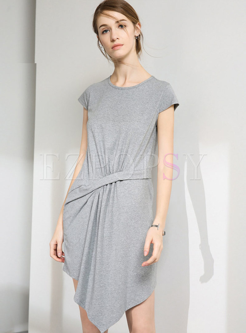 Casual Solid Color Asymmetric Mini Dress