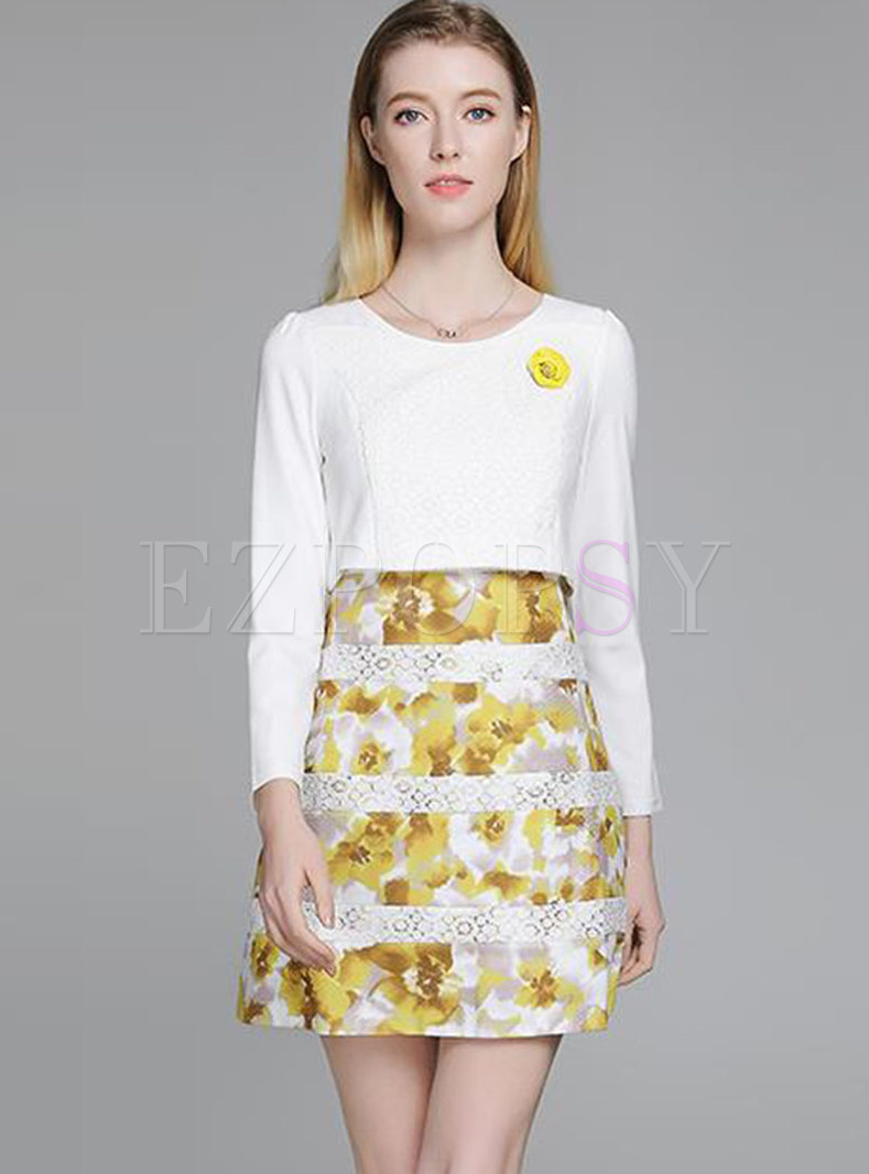 Trendy Print Splicing High Waist Mini Dress
