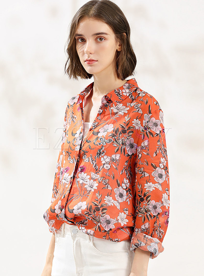 Stylish Floral Print Single-breasted Blouse