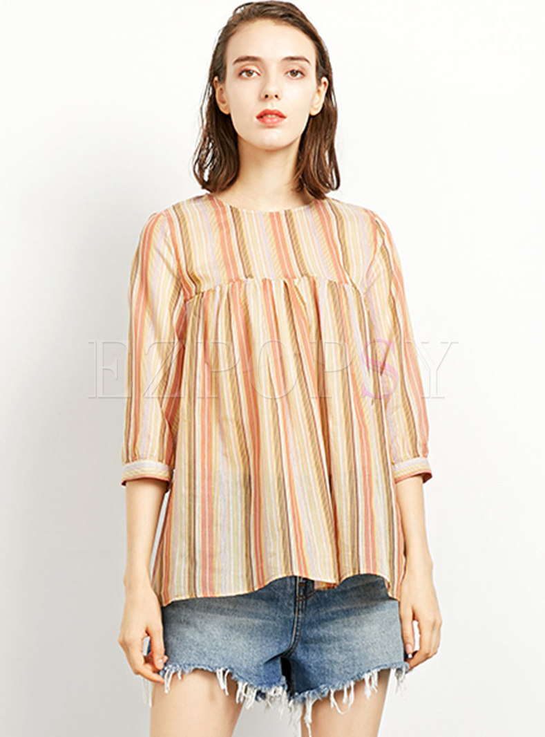 Casual Striped Three Quarters Sleeve Loose Blouse