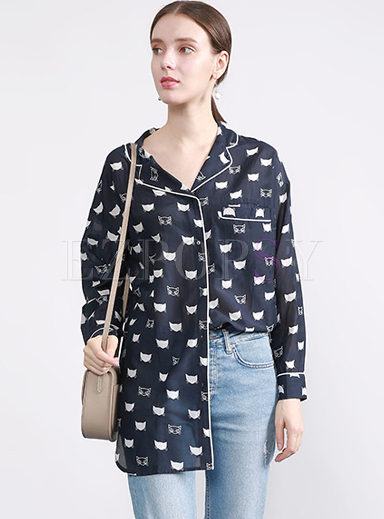 Casual Print Lantern Single-breasted Cotton Blouse