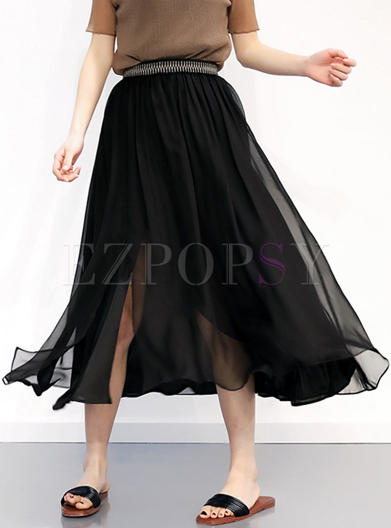 Skirts | Skirts | Brief Black Silk Split Elastic Waist A-line Skirt