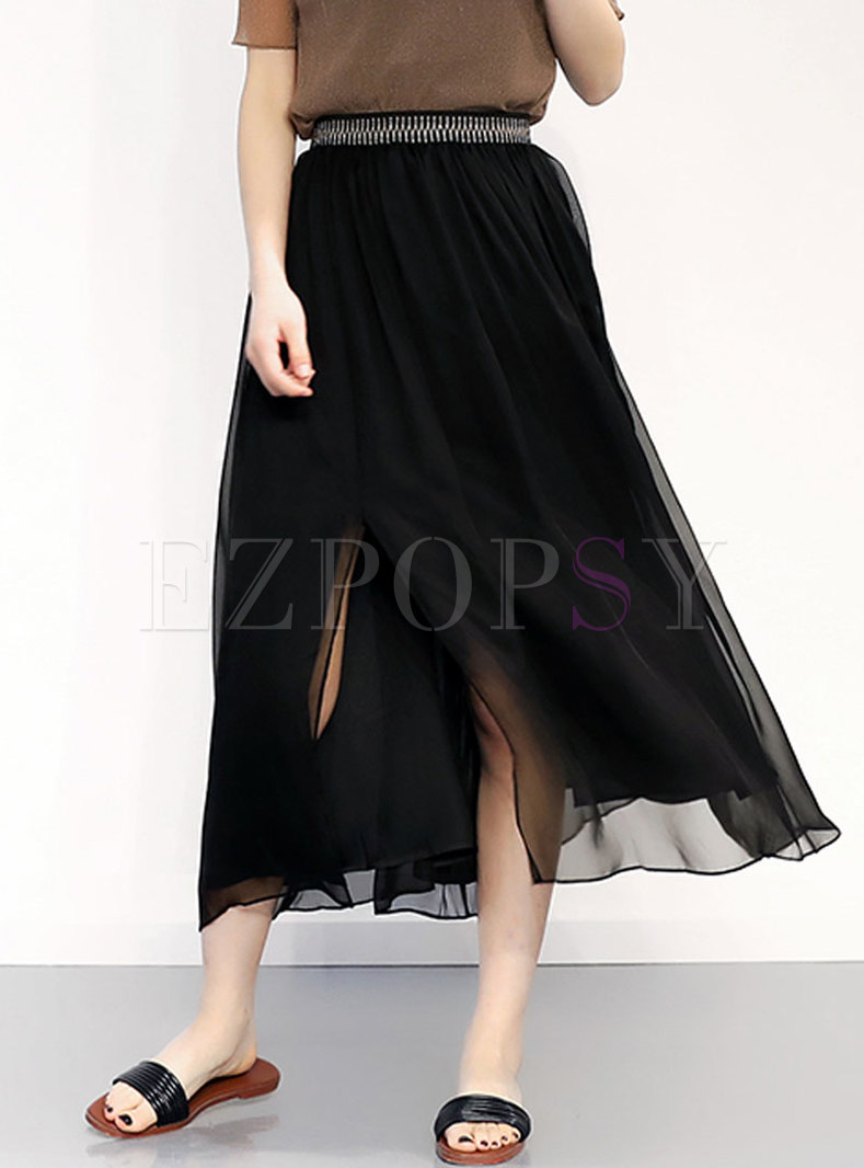 Skirts | Skirts | Brief Black Silk Split Elastic Waist A-line Skirt