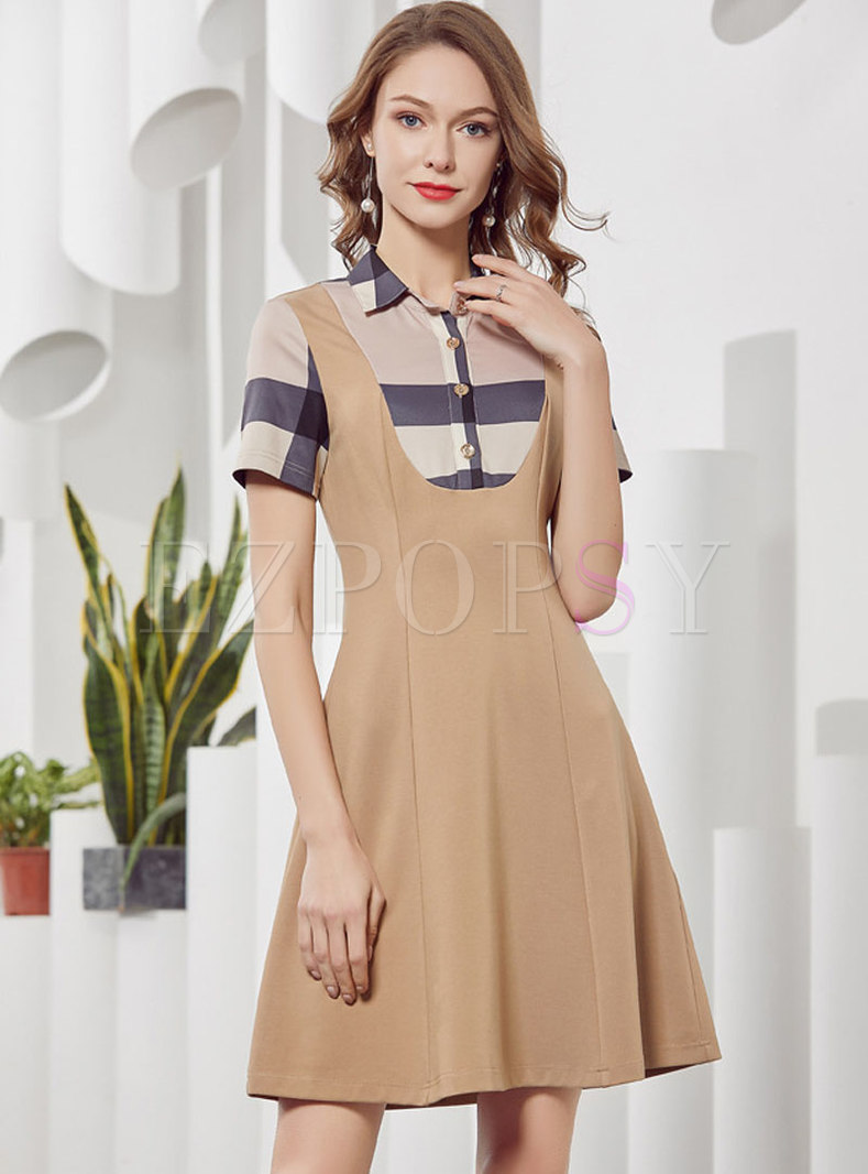 Casual Color-blocked Lapel Slit A Line Dress