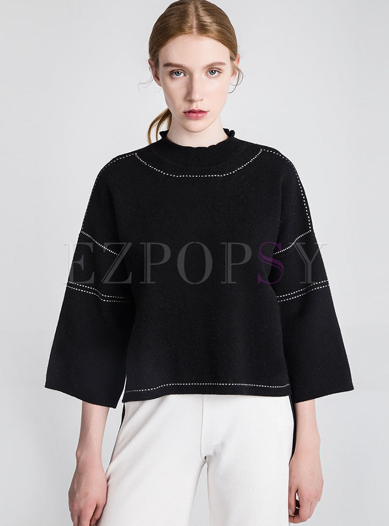 Casual Color-blocked Stand Collar Slit Sweater