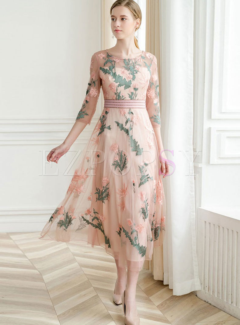 Dresses | Maxi Dresses | Perspective Mesh Embroidered Big Hem Dress