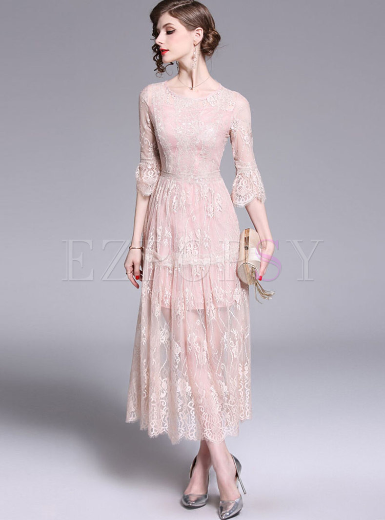 Sweet Pink Lace Flare Sleeve Slim Maxi Dress