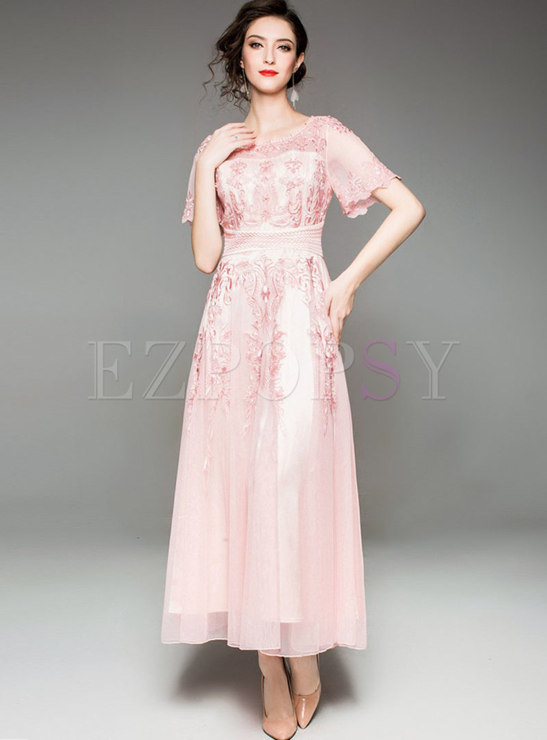 Pink Embroidered Gathered Waist Slim Party Maxi Dress