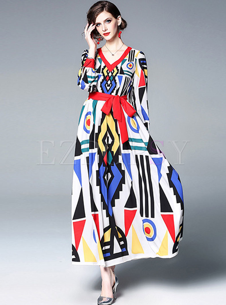 Geometric Color-blocked Print Tied Big Hem Maxi Dress