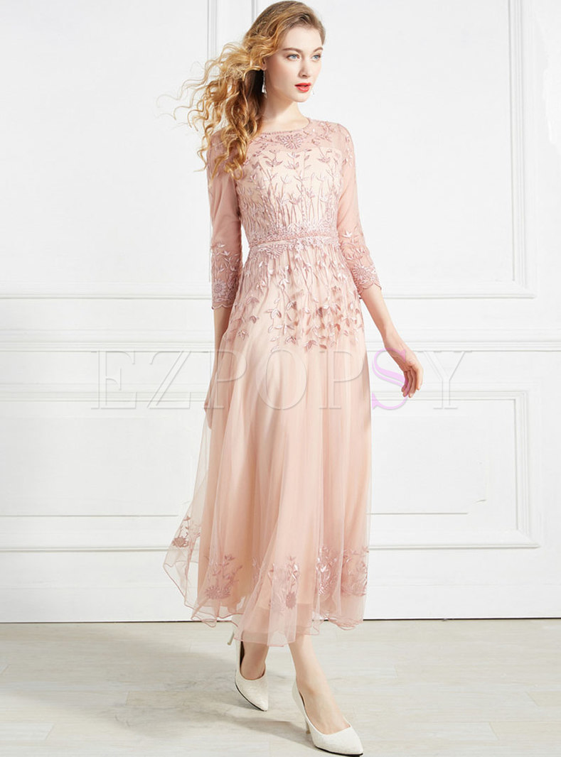 Mesh Embroidered Drilling Party Maxi Dress