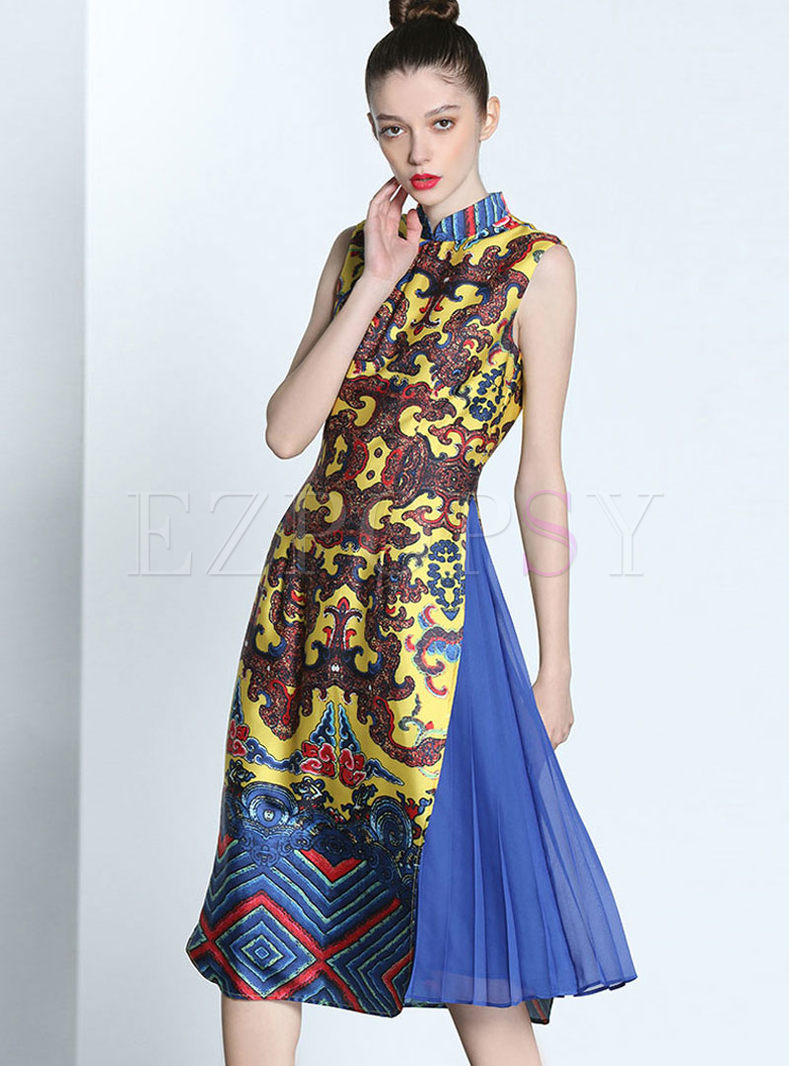 Sleeveless Pleated Improved Cheongsam Dress