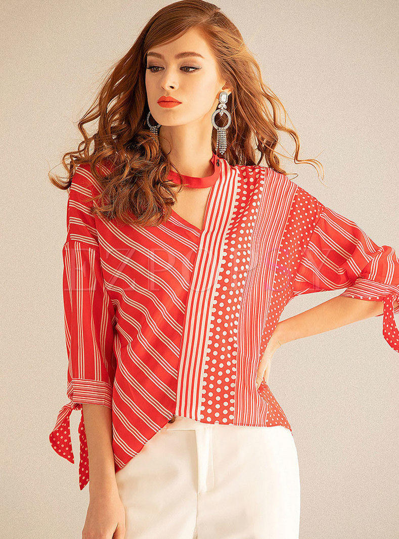 Chic Striped Print Tied Silk Blouse