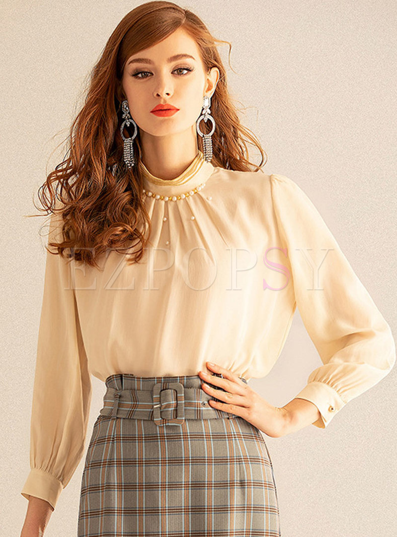 Brief Stand Collar Pearl Pure Color Slim Blouse 