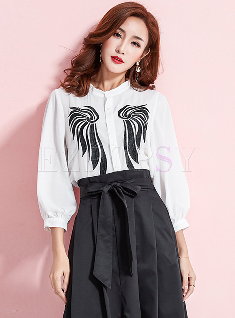 Chic Embroidered Single-breasted Lantern Sleeve Blouse