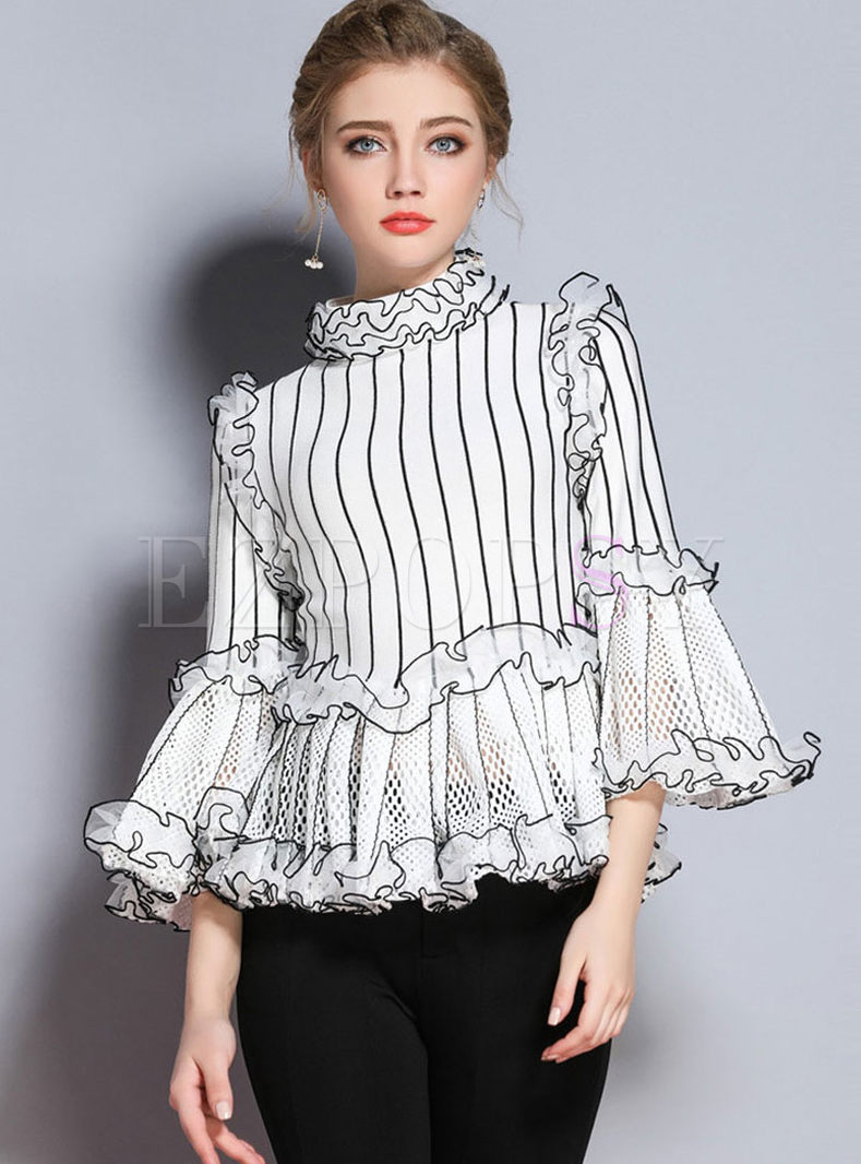Ruffled Collar Flare Sleeve Striped Knitted Sweater