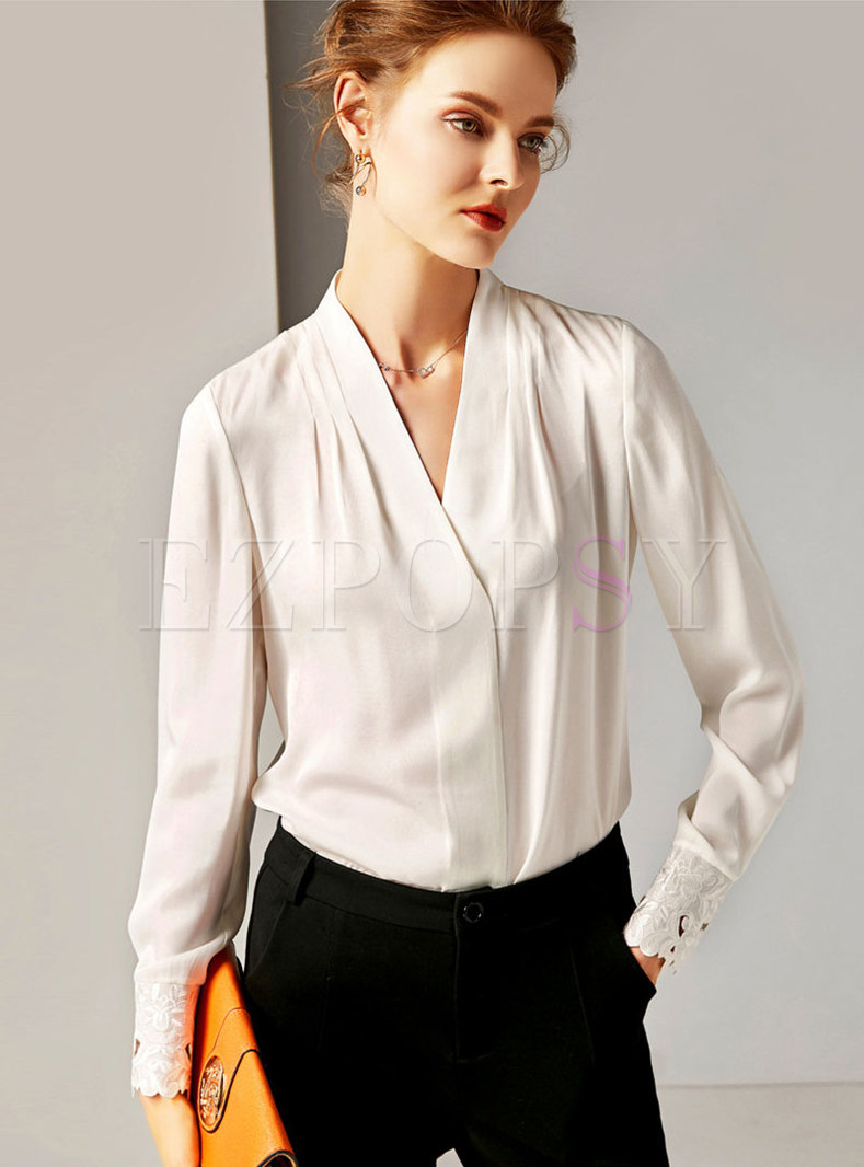 Tops | Blouses | Elegant Solid Color V-neck Pullover Blouse