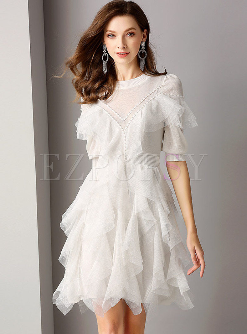 Asymmetric White Polka Dot Mesh Splicing Dress
