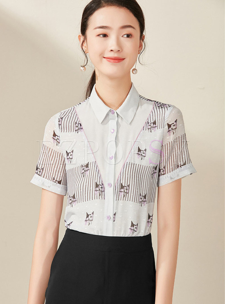Cat Pattern Lapel Single-breasted Blouse