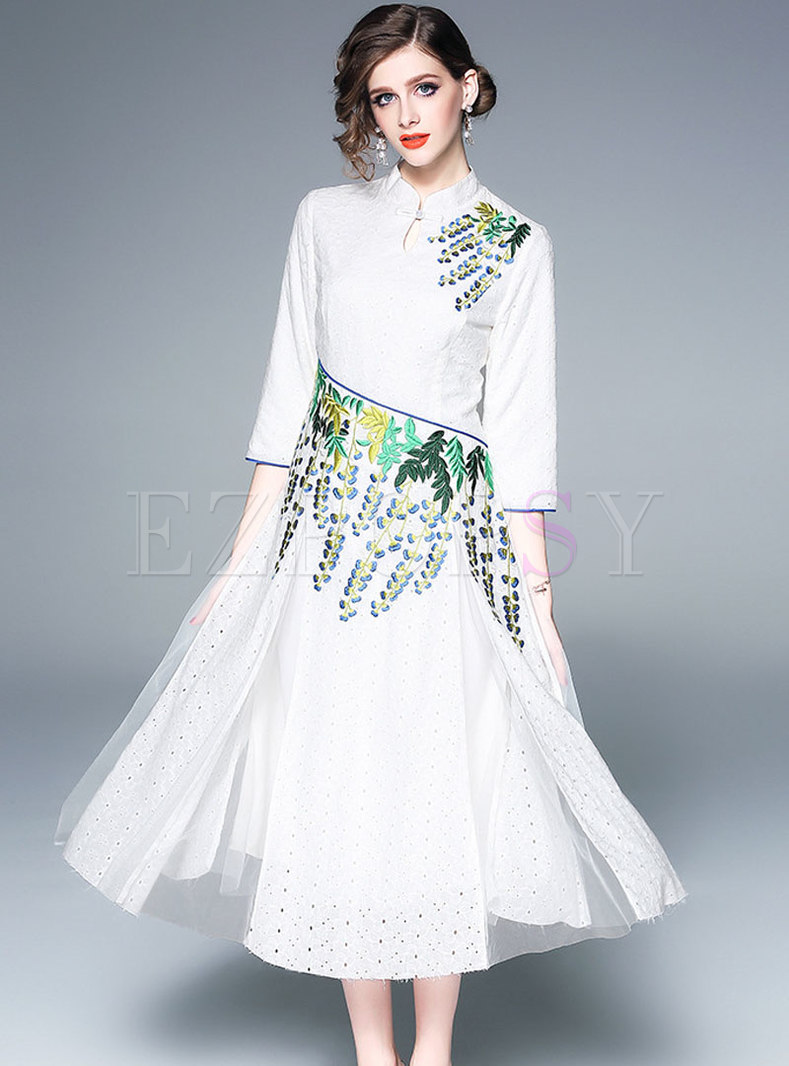 Elegant Embroidered Splicing Improved Cheongsam Dress