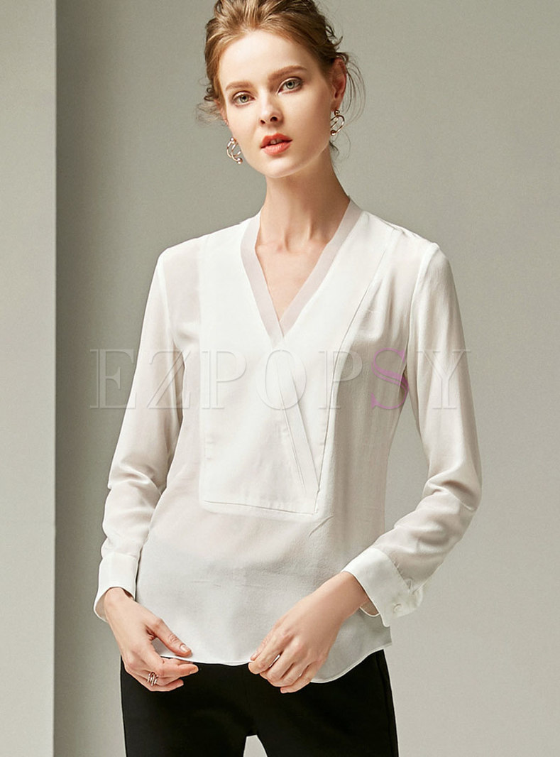 Tops | Blouses | Elegant White V-neck Silk Blouse