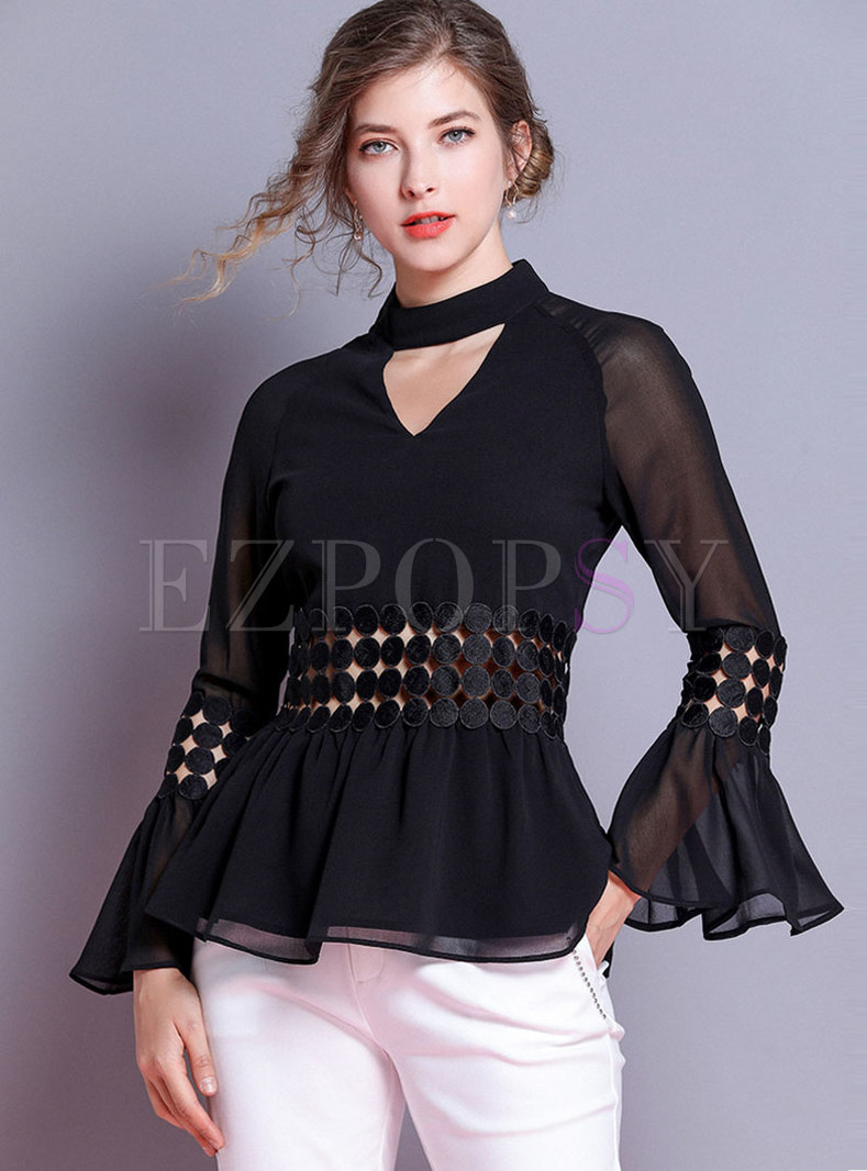 Elegant Flare Sleeve Hollow Out Slim Blouse