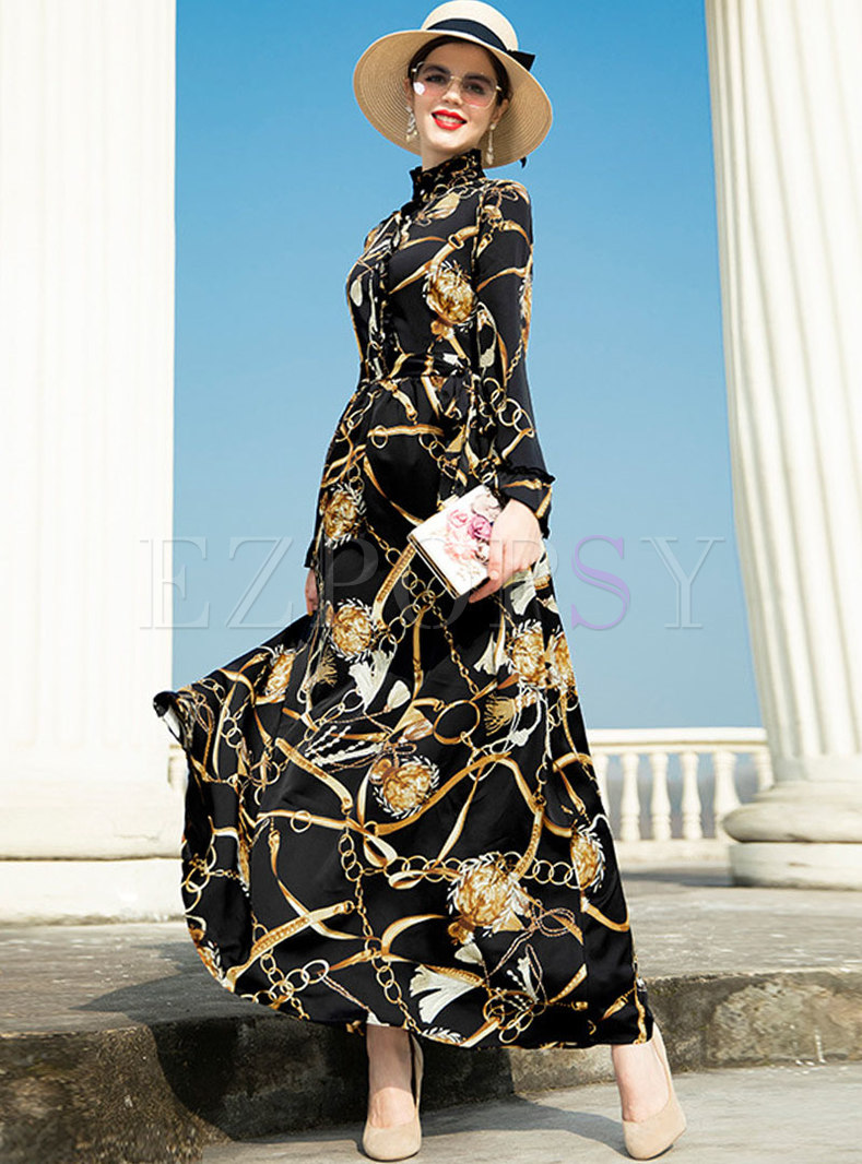 Fashion Print Stand Collar Big Hem Maxi Dress