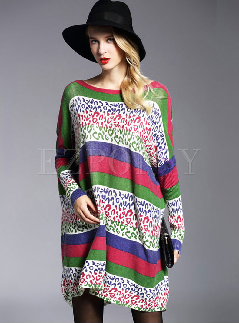 Casual Color-blocked Plus Size Knitted Dress