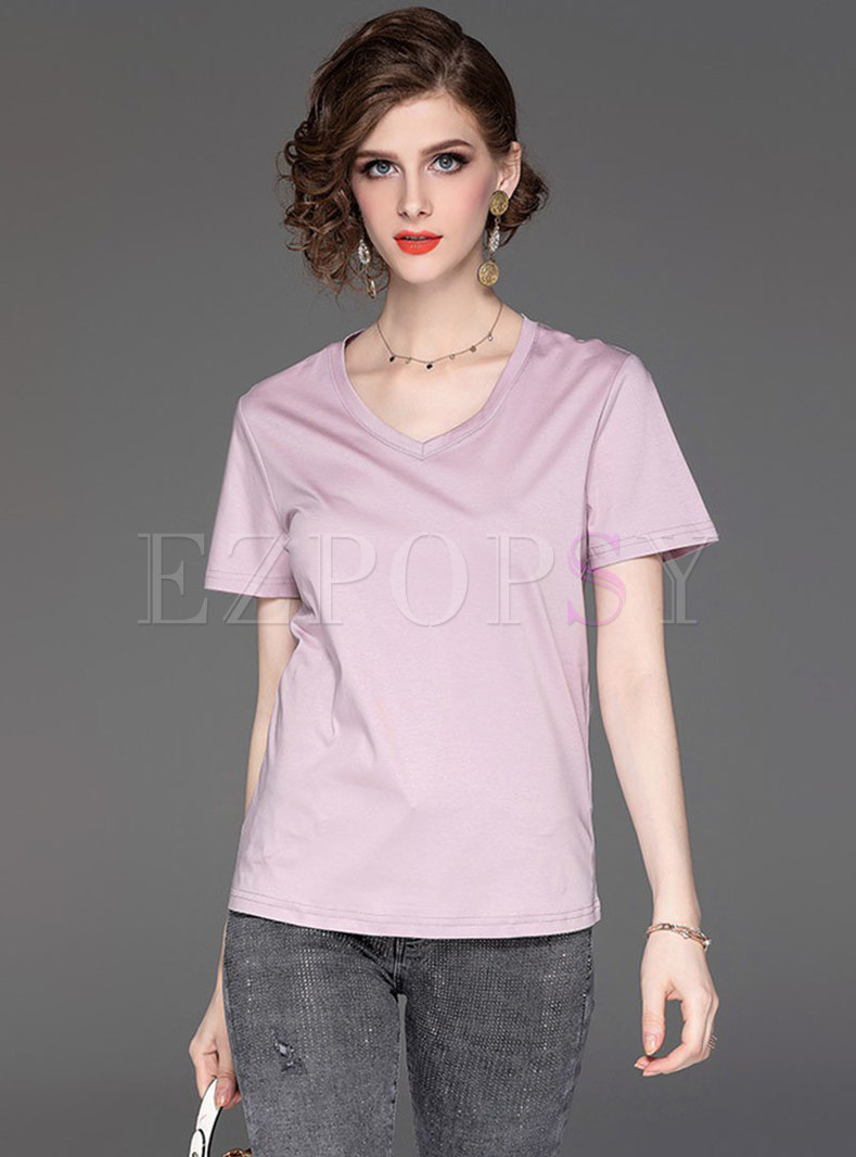Solid Color Cotton V-neck T-shirt