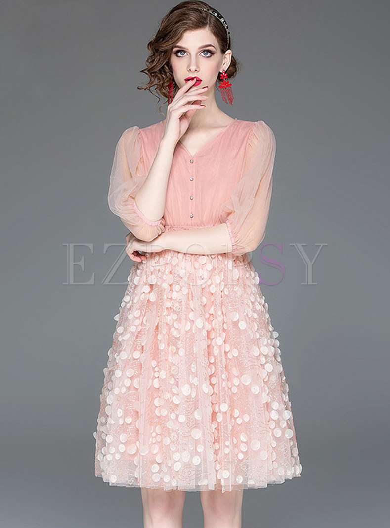Tassel Feather Lace Mesh Pink Splicing Ball Gown Dress
