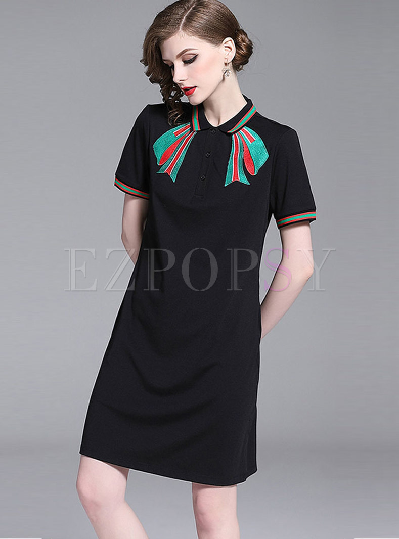Casual Embroidered Lapel Loose T-shirt Dress