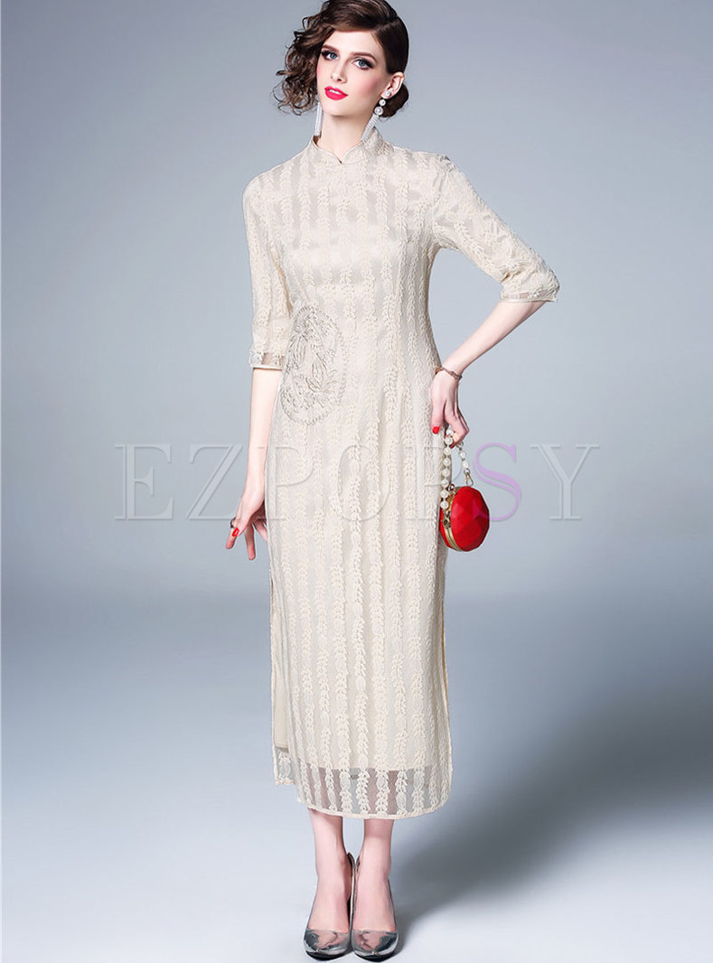 Vintage Stand Collar Embroidered Sheath Maxi Dress