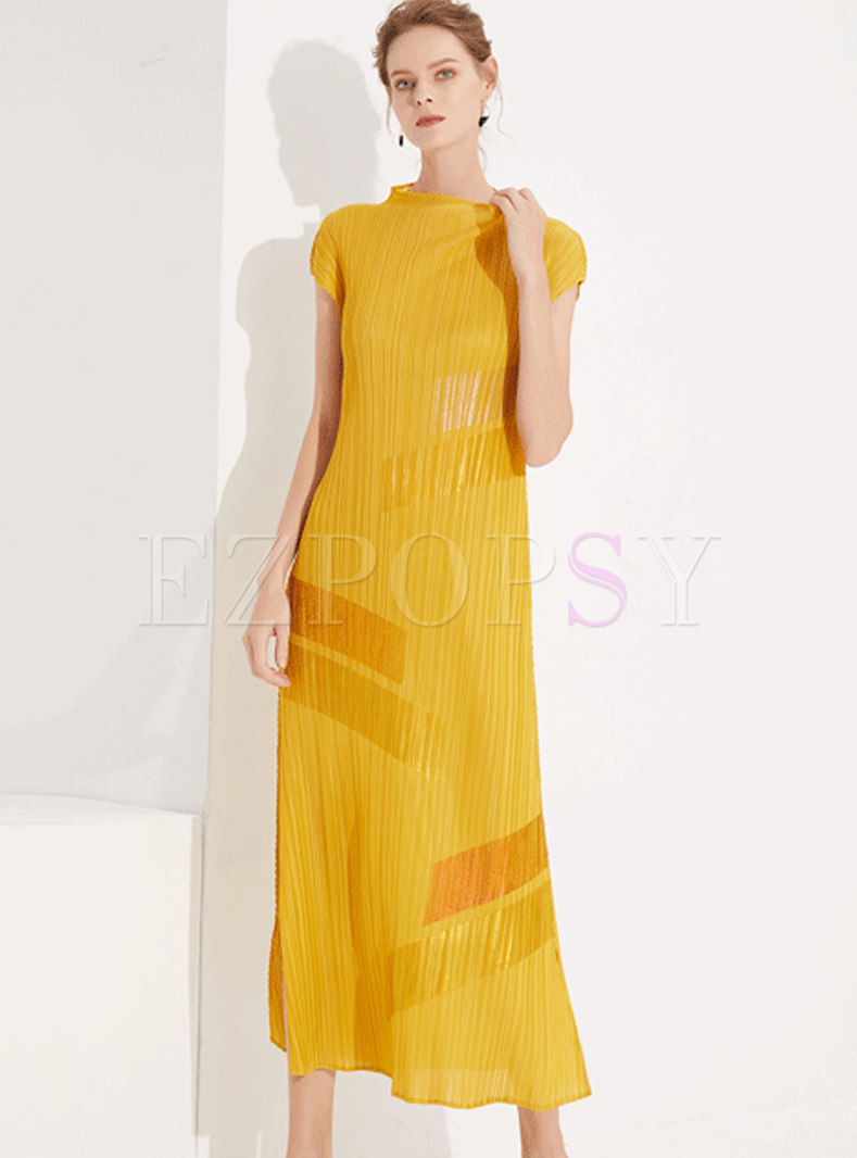 Trendy Hand-painted Pleated O-neck Maxi Dress
