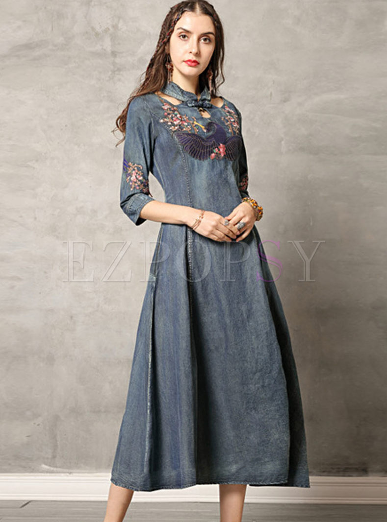 Dresses | Maxi Dresses | Retro Mandarin Collar Hollow Out Denim Dress