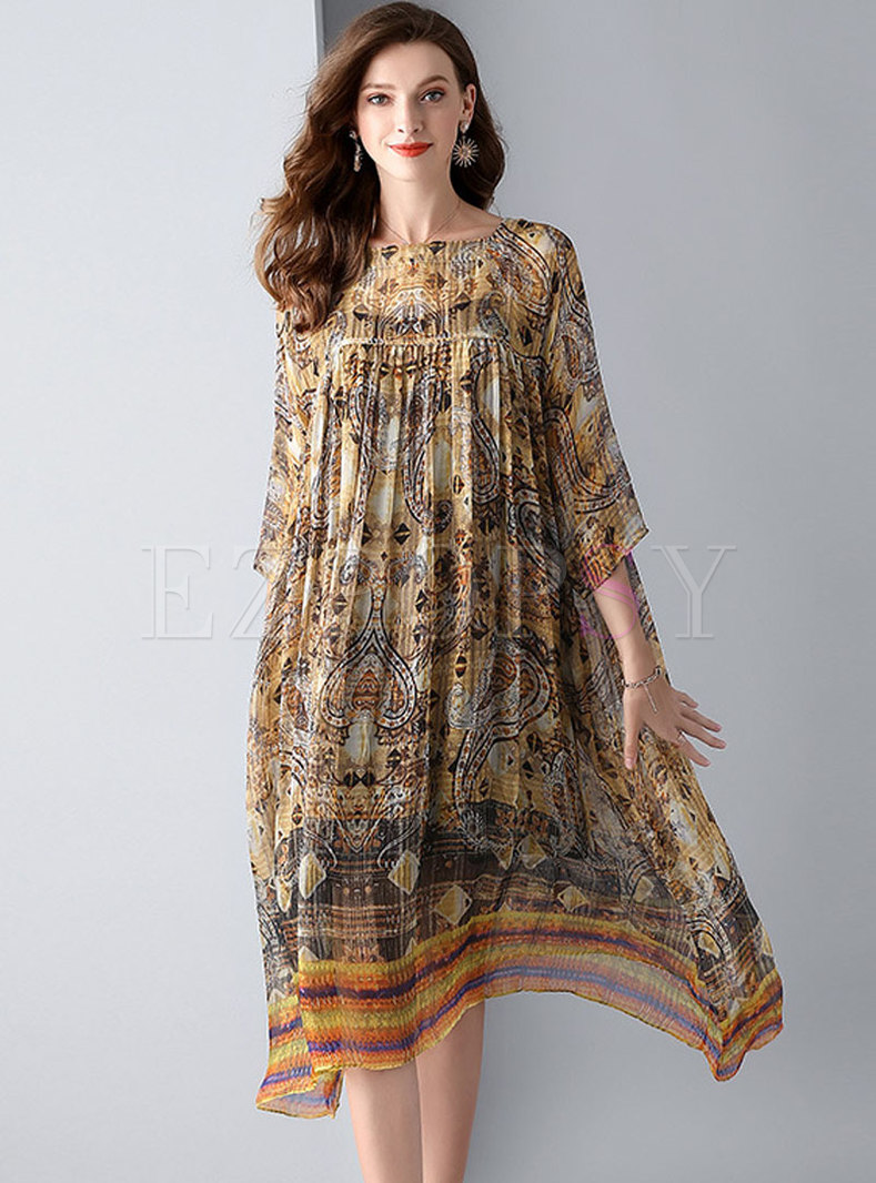 Ethnic Floral Print Color-blocked Shift Dress With Camis