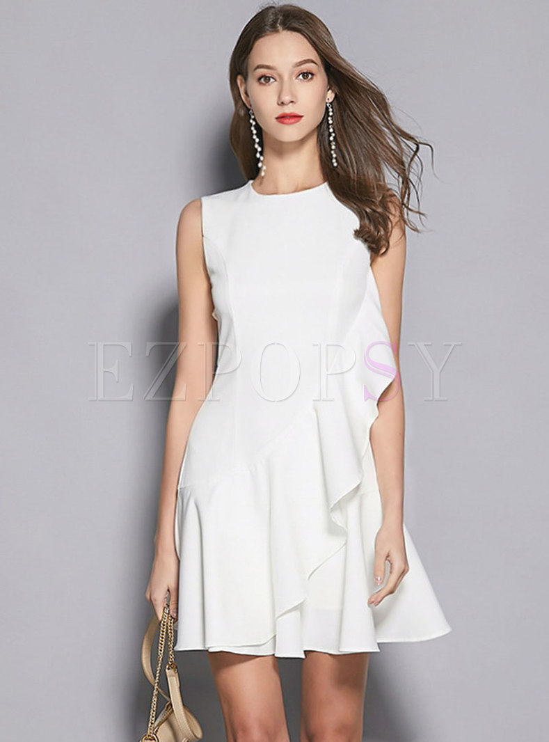 Elegant Pure Color Sleeveless Falbala Mini Dress