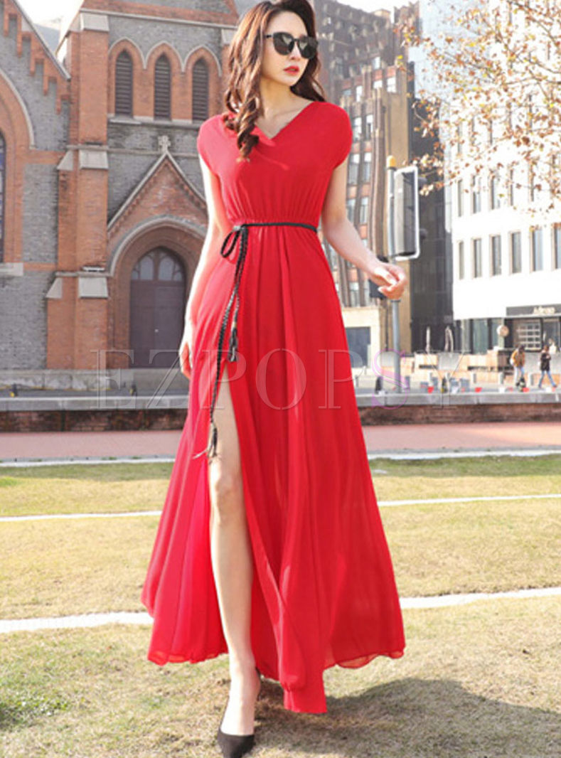 Bohemian V-neck Sleeve Waist Maxi Dress