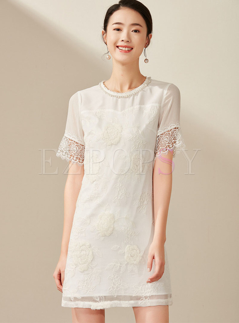 Stylish Splicing Embroidered O-neck Sheath Dress