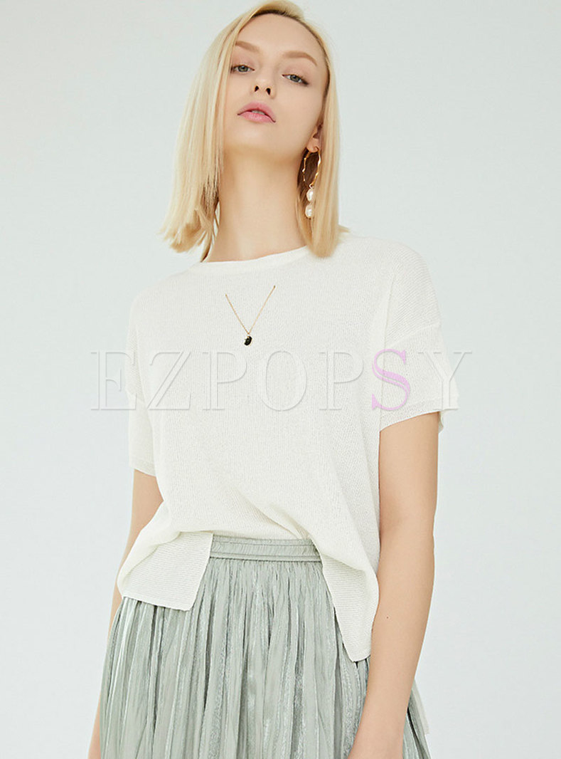 Fashion White Short Sleeve Knitted Sweater