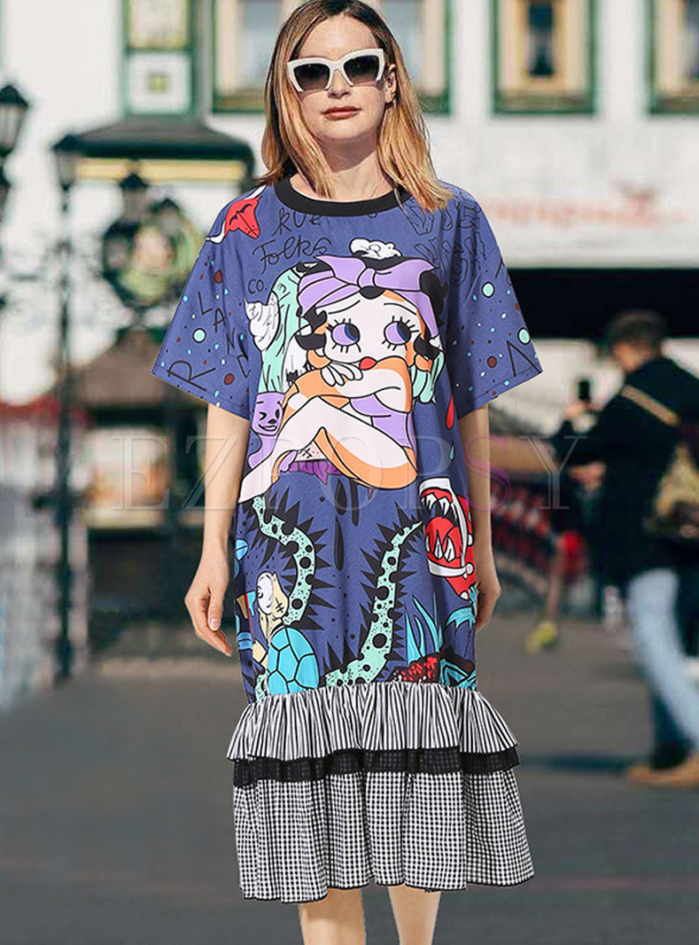 Fashion Animal Print Splicing Loose T-shirt Dress