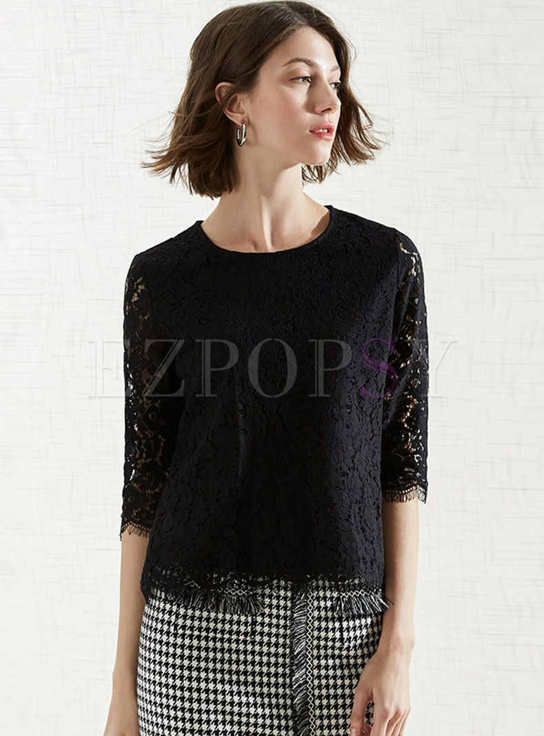 Pure Color Lace O-neck Easy-matching T-shirt