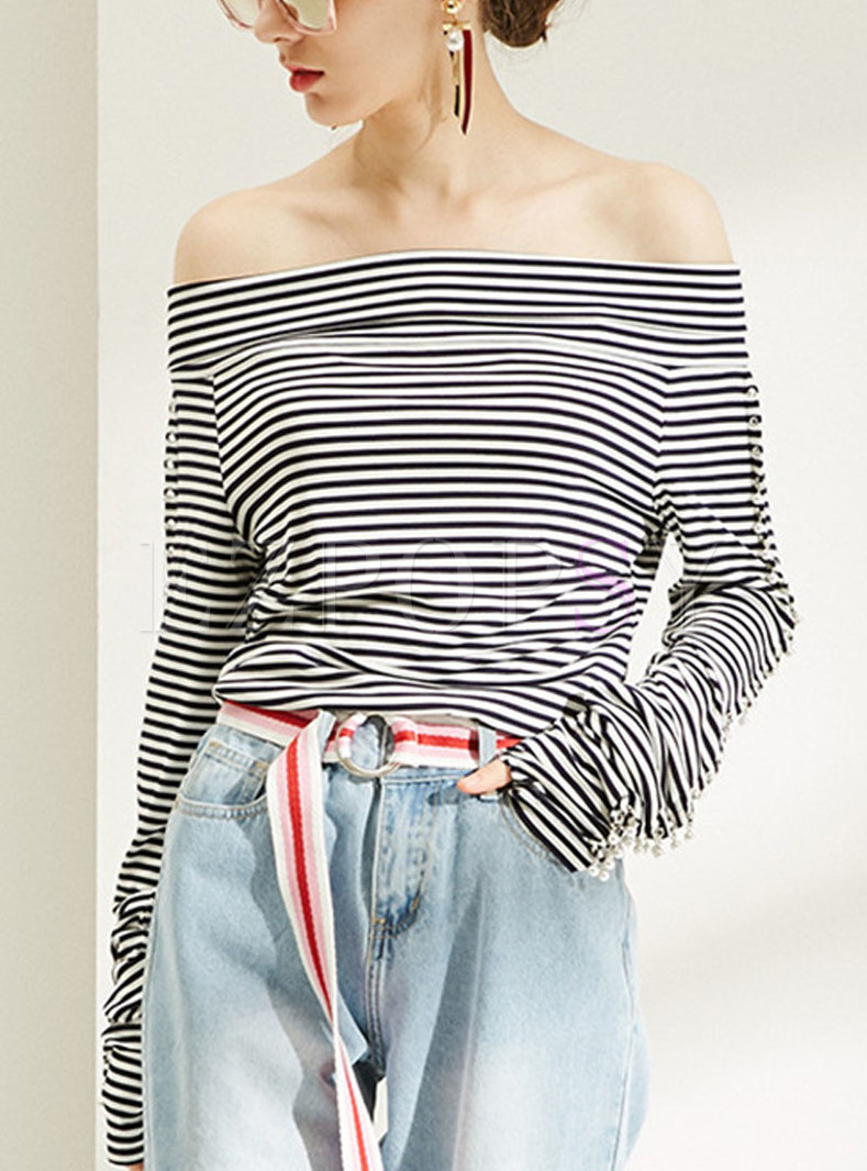 Trendy Striped Slash Neck Slim T-shirt