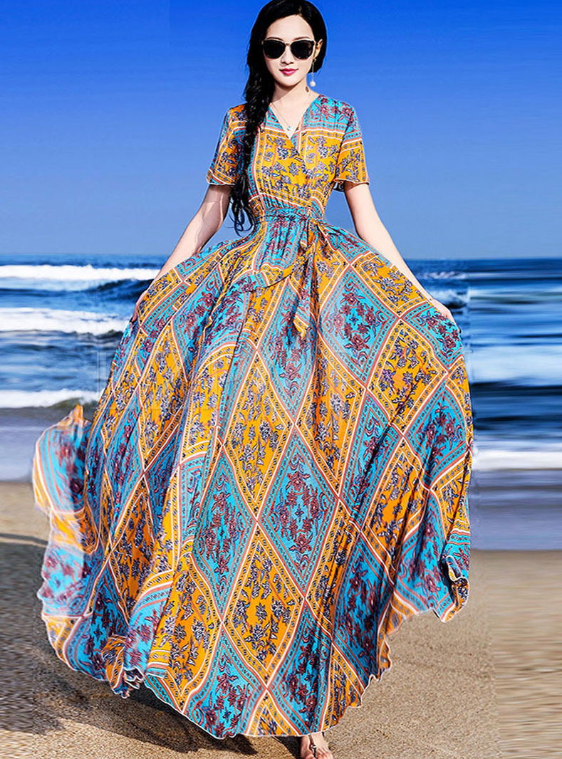 Short Sleeve Print Plaid Chiffon Dress