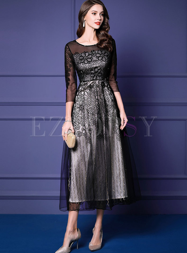 Elegant Splicing Embroidered Drilling Party Maxi Dress