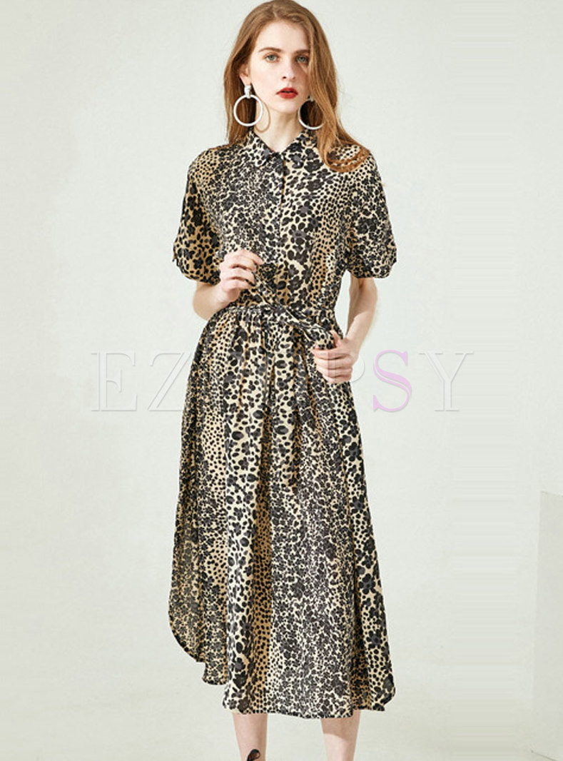 Vintage Leopard Lapel Silk A Line Dress