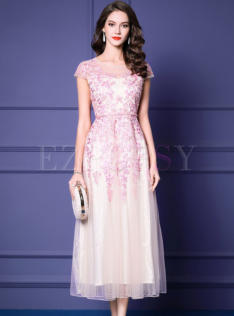 Dresses | Maxi Dresses | Pink Mesh Sweet Diamond Embroidered Maxi Dress